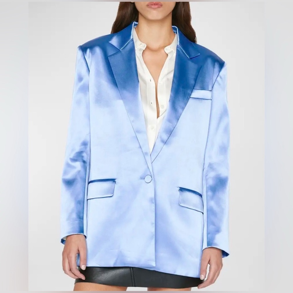 FRAME Satin Strong Shoulder Blazer Jacket Oxford Blue